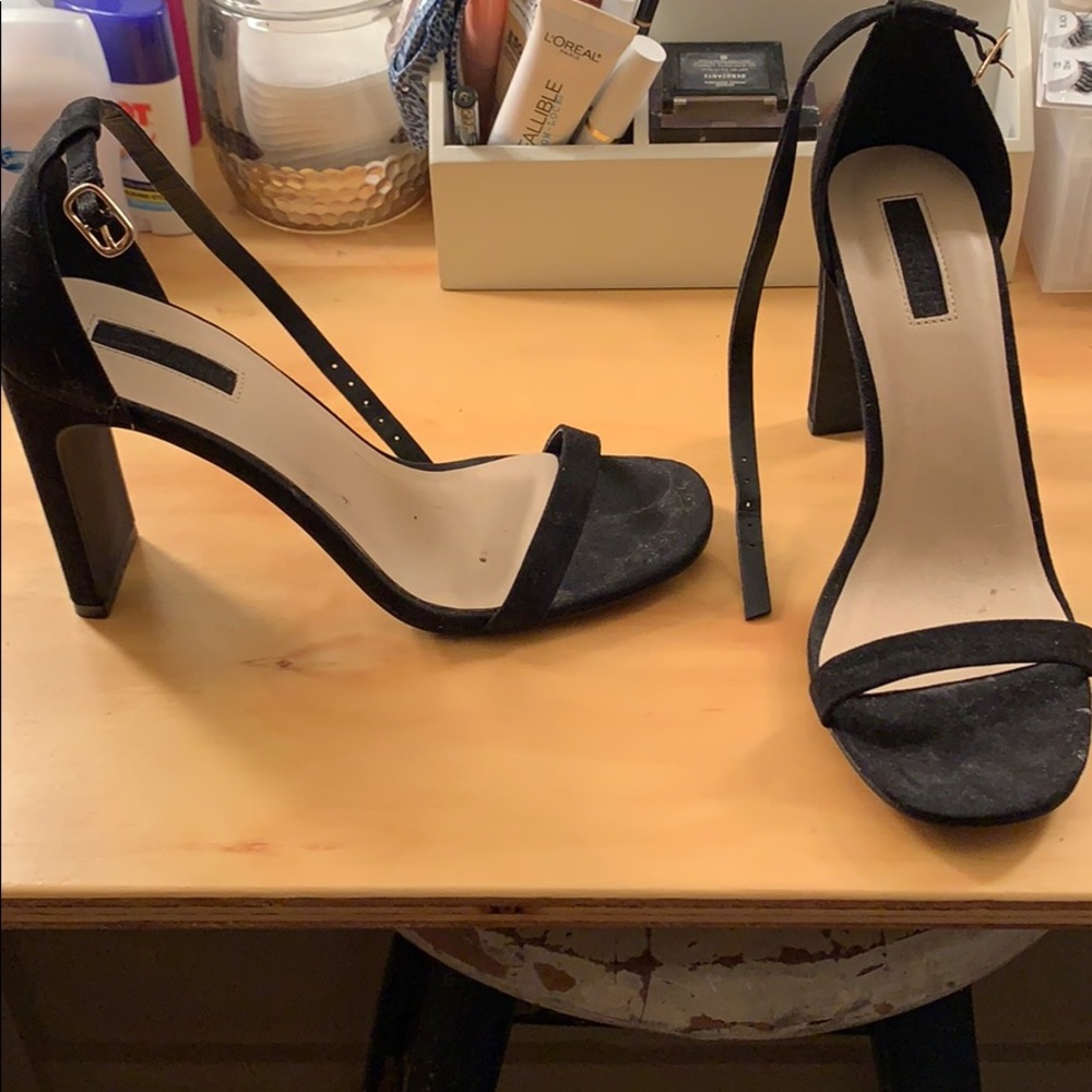 Black suede open toe strap heel